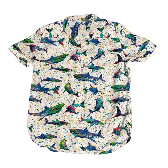 NWOT Cactus Boys Size 7 Boys Button Up Rainbow Splatter Artsy Shark Short Sleeve - Picture 2 of 3